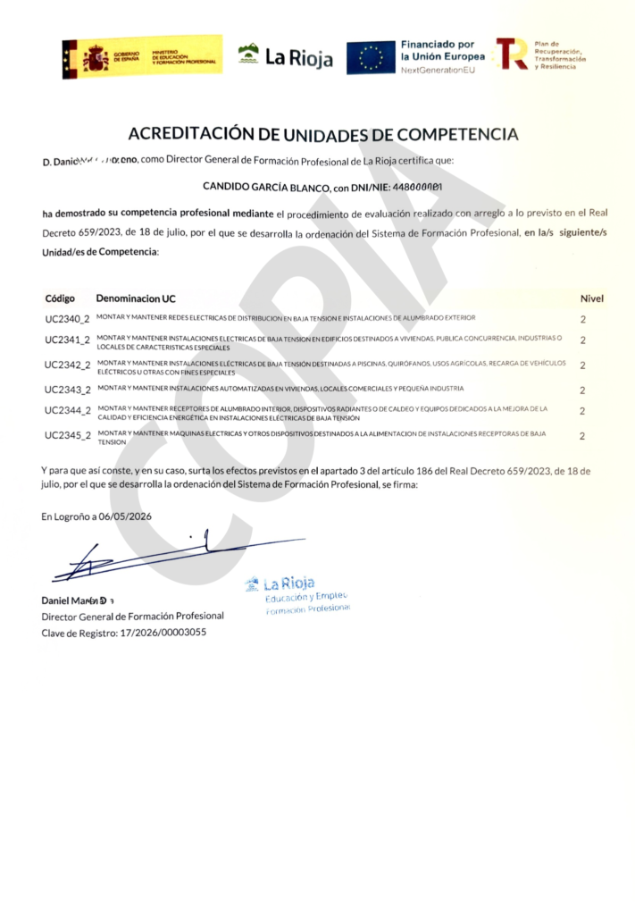 Titulación y certificación de Electricista Especialista