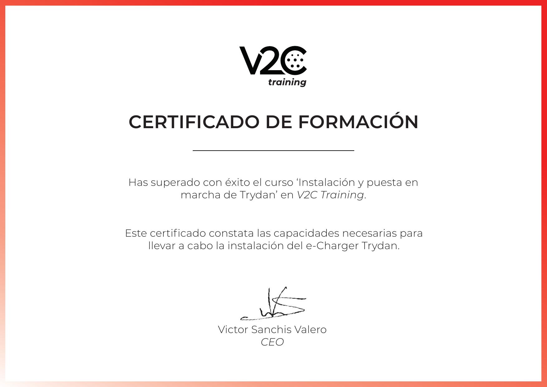 Certificado de formación V2C Training - Instalación y puesta en marcha de Trydan